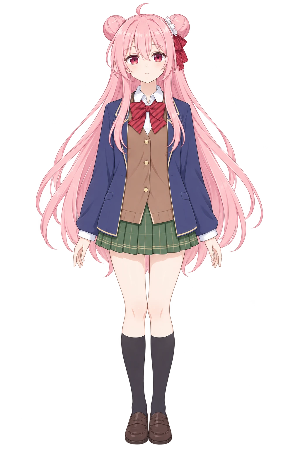 砂糖社区看板娘，粉色双发髻长发、蓝色校服与绿色格裙